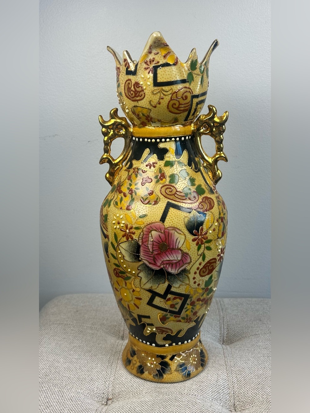Vintage 50s Hand-Painted Chinese Vase Floral Motif Ornate Gold Accents Crown Top